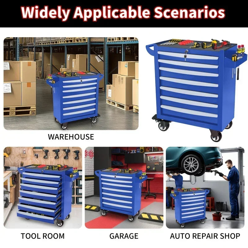 2025 New Blue 7-Layer Metal Toolbox with Key Locking System & Wheels - Durable, Multi-Functional Storage Cart