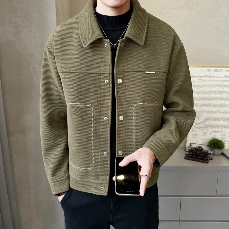 2024 Winter Men's Wool Blend Trench Coat Short Jacket Slim Fit Casual Coats Korean Solid Color Streetwear Windbreaker Outwear