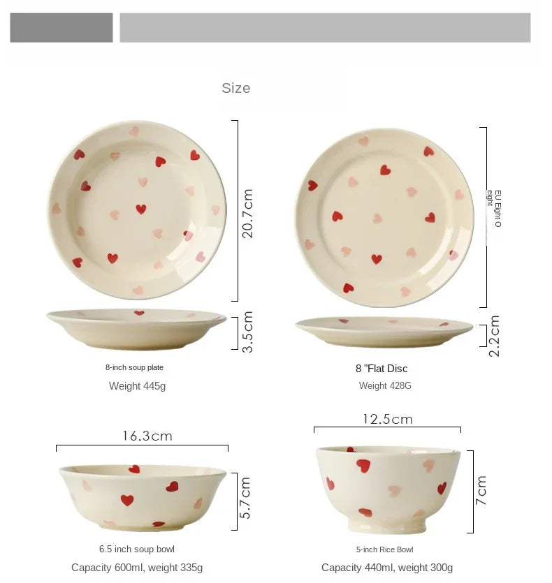 Heart-shaped Ceramic Dinnerware Set, Dinner Plate, Rice Salad Bowl, Coffee Mug, Japanese Love, Warm Gift for Valentine day