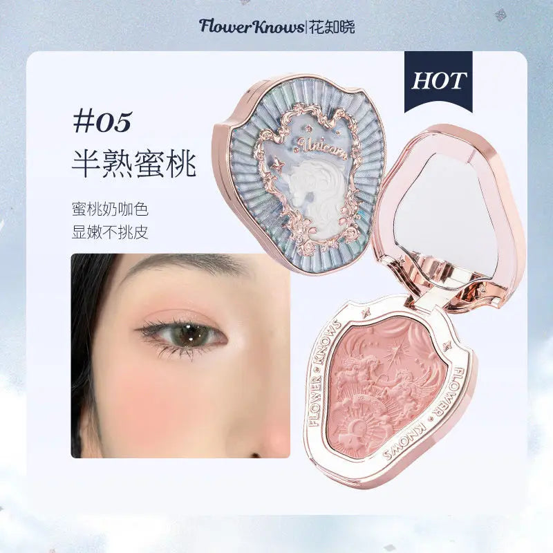 Paleta de rubor con relieve Unicorn de Flower Knows, de larga duración y fácil de aplicar, mate, natural, iluminador, rubor voluminoso, maquillaje.