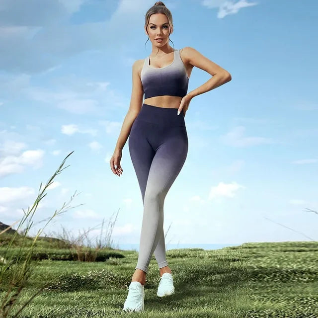 Conjuntos de yoga con degradado de color, deportivos, fitness, cintura alta, pantalones moldeadores de cadera, sujetador, conjunto de leggings de entrenamiento para gimnasio para mujer 