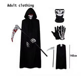 Halloween Death God Play Costume, Kids and Adults Horrible Skeleton Costume, Black Ghost Robe and Sickle, Enjoy Game Party
