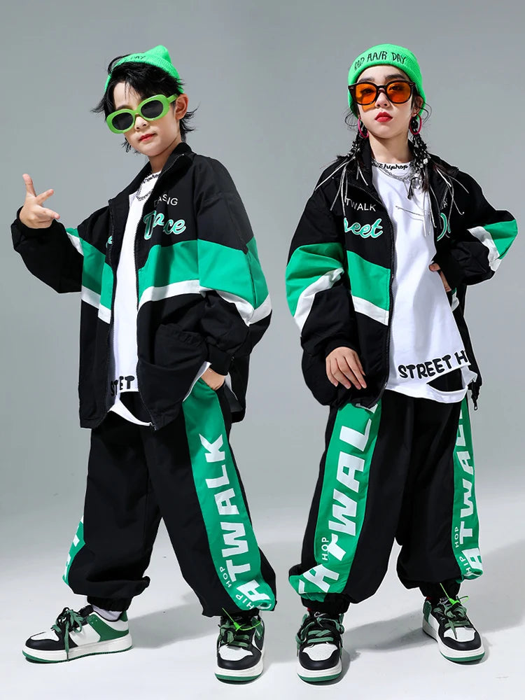 Hip Hop Girls Contrast Bomber Jacket Sport Pants Boys Street Dance Coat Streetwear Kids Jazz Clothes Set Children School Uniform