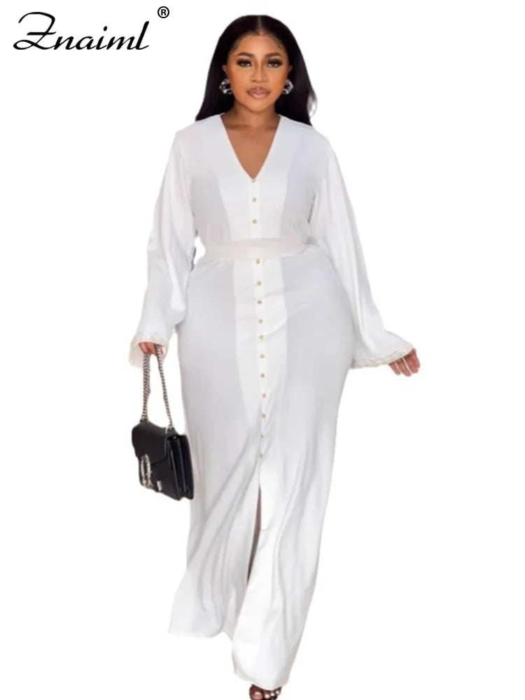 Znaiml Elegant Office Lady White Dresses V Neck Long Sleeve Single Breasted Button Slit Dress Women Fall Birthday Party Clubwear