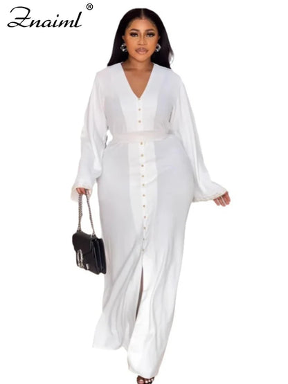 Znaiml Elegant Office Lady White Dresses V Neck Long Sleeve Single Breasted Button Slit Dress Women Fall Birthday Party Clubwear