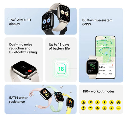 Global Version Xiaomi Redmi Watch 5 Lite 1.96" AMOLED up to 18 days battery built-in GNSS 150+ modes smart watch Bluetooth® call