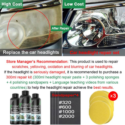 Kits de polimento para restauração de farol de carro, removedor de arranhões, pasta de limpeza para reparo, remoção de oxidação, líquido polonês