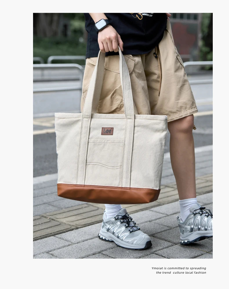 LEE Unisex Utility Canvas Leather Zipper Tote Bag Casual Denim Daily Shopping Handbag Women Men Durable Student School Book Bag