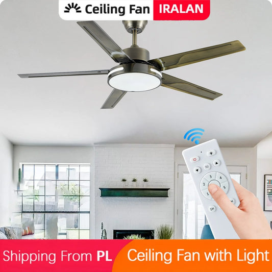 IRALAN Industrial Ceiling Fan Light Reversible Quiet DC Motor 3 Color LED Metal Blades for Living Room Kitchen Lobby Decorate