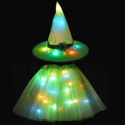 Women Kids Girl Luminous LED Glow Lights Elf Witch Hat Star Skirt Spider Web Wizard Costume Party Gift Halloween Festival