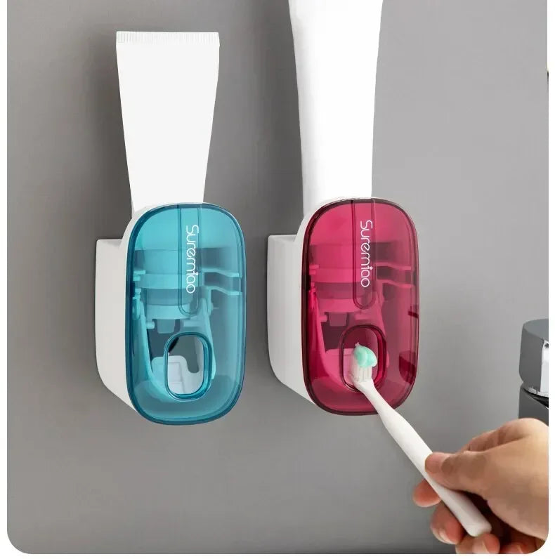 1 dispensador de pasta de dientes, accesorio de baño, exprimidor de pasta de dientes de pared, soporte para cepillo de dientes.