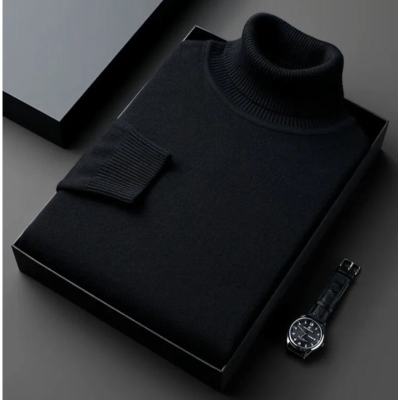Suéter de cuello alto de punto de alta calidad para hombre, antibolitas, ajustado, de manga larga, color liso, tendencia