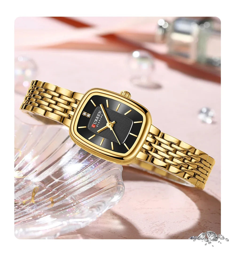 Relógio feminino quadrado dourado em aço inoxidável com calendário