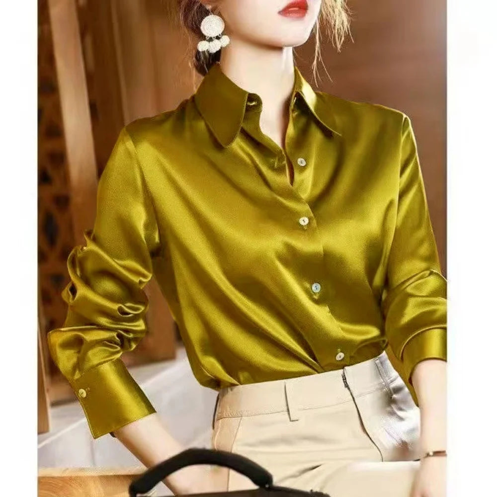 Camisas y blusas de satén de manga larga para mujer, estilo informal y elegante, tendencia de verano 2024, para oficina, ropa ajustada para mujer