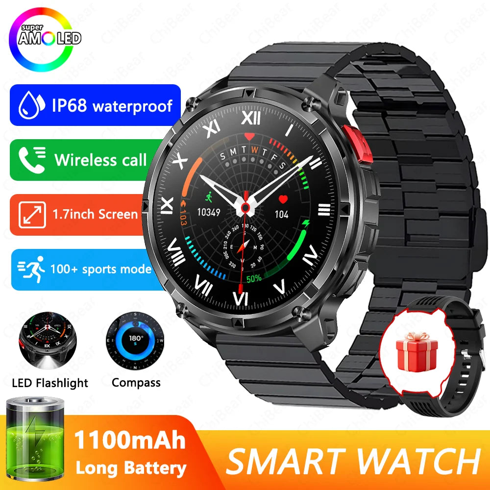 Novo Smartwatch T-Rex3 Pro 2026 – Bateria de 1100mAh, GPS com rastreamento de rota, Resistência à água 5ATM, Monitoramento de esportes e corrida, Bússola, Estilo militar
