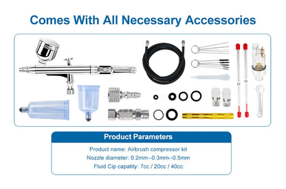 Dual-Action Gravity Airbrush Kit, 0.2/0.3/0.5mm Needles 7/20/40cc Cups Cleaning Tools for Makeup Nail Art Painting Car Detailing