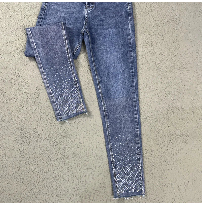 Spring Summer 2024 New Fashion Harem Denim Pants Female Rhinestones Korean Version High Waist Slim Elastic Jeans Pencil Pants