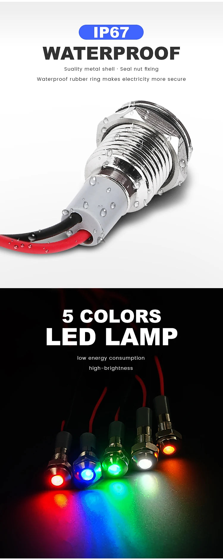 IP67 6mm Metal LED Warning Signal Light FXB6F-LED Small Power Indicator Lamp Waterproof 12V 24V 220V Red Green Yellow White Blue