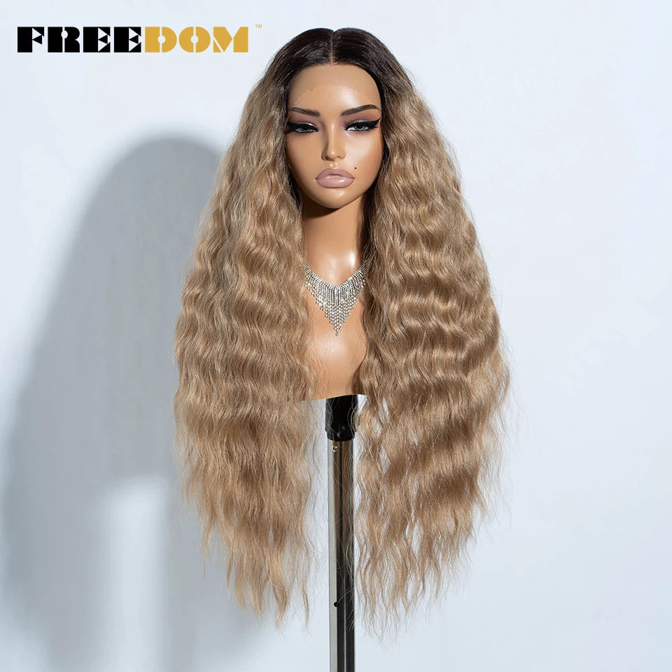 FREEDOM Synthetic Lace Front Wig Long Deep Wavy Ombre Blonde Ginger Lace Wigs For Black Women Heat Resistant Cosplay Wigs