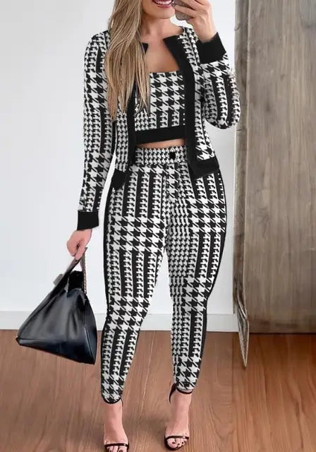 Conjunto de camisola de manga comprida e calça fina feminina, moda feminina, streetwear, tendência, primavera, outono, novo, 3 peças
