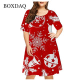 Vestido rojo holgado con estampado navideño para mujer, Navidad, muñeco de nieve, copo de nieve, alce, manga corta, talla grande, divertido, bonito, a la moda, 6XL 