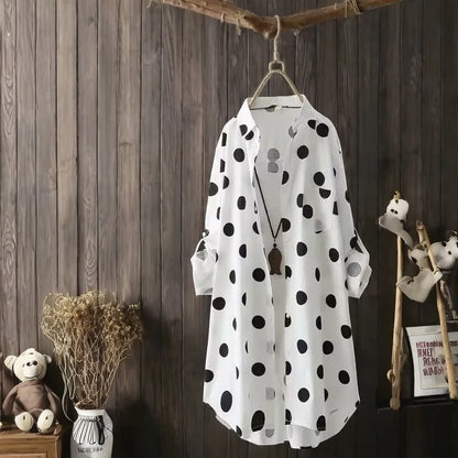 Camisa elegante de manga larga con lunares y talla grande, diseño clásico con botones al frente, ropa informal cómoda y elegante para mujer, nuevo estilo