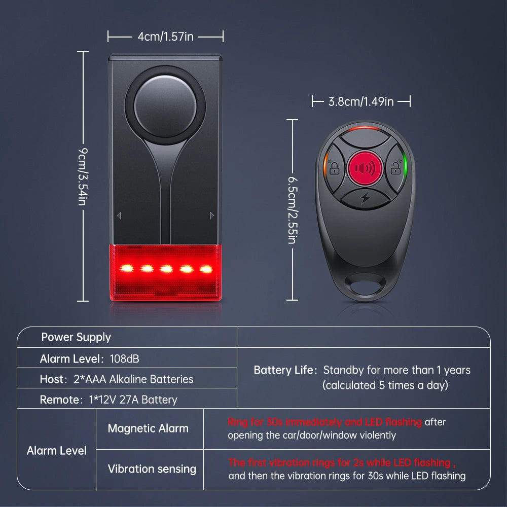 Extractme 108dB Anti-Theft Alarm Wireless Vibration Alarm with Remote Control Door and Window Alarm Car Alarm Security System