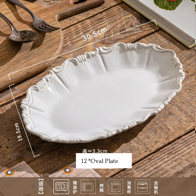 Elegant Classical Plate French Retro Ceramic Dishes Home Plate Rice Bowl Party Tableware Set White Lace Embossed Dinner Plate