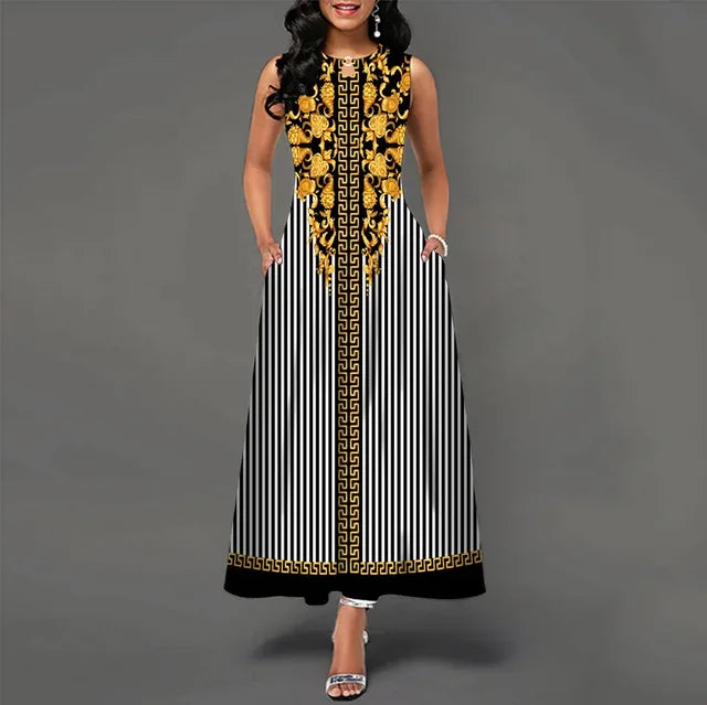 Women's V-neck Sleeveless Long Dress Retro Bohemian Dresses Floral Print Swing Casual New 