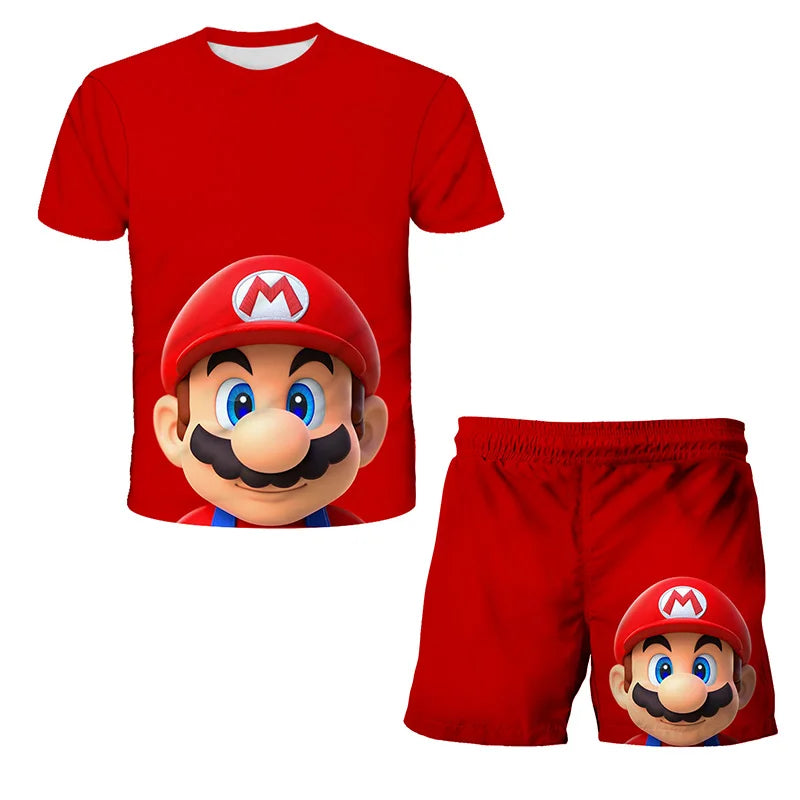 Summer anime Super Mario fashion cute boy 3D top T-shirt+shorts two-piece set Mario girl and boy top short sleeved shorts
