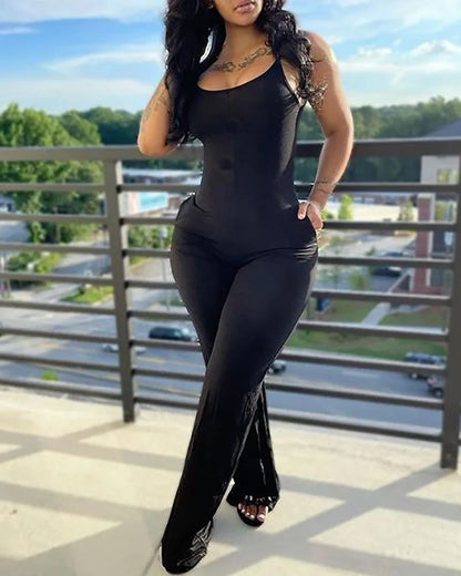 Women's Jumpsuit Summer Fashion Printed Solid Color V-Neck Casual Sleeveless Long Skinny Suspender Jumpsuit