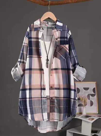 Blusas de algodón a cuadros de longitud media para otoño, informales, nuevas, con botones sueltos, para mujer, moda coreana, camisa elegante de manga larga para invierno