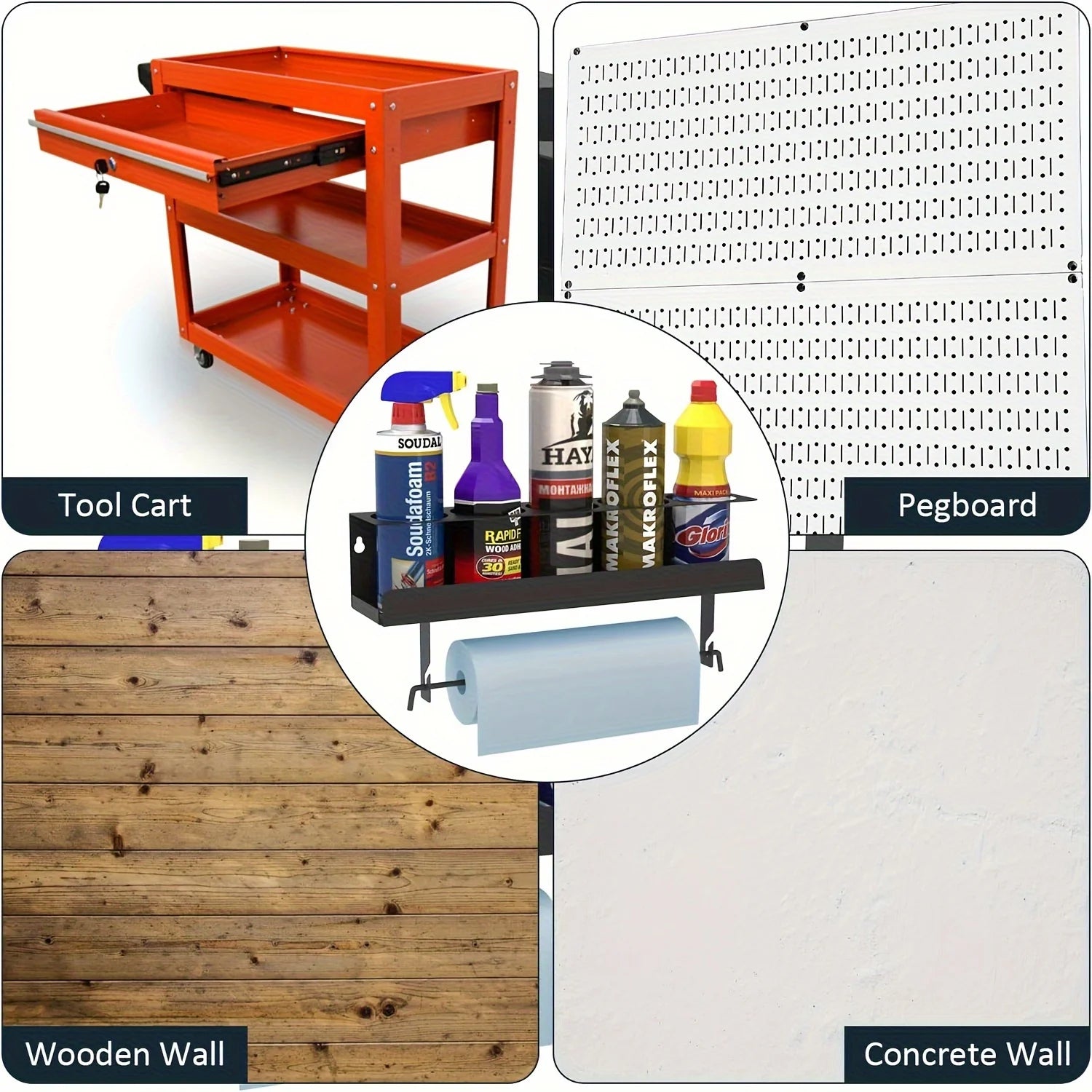 Aerosol Spray Can Holder with Paper Towel Rack - Wall-Mounted 5 Can Organizer for Garage, Workshop, Kitchen & Home Storage