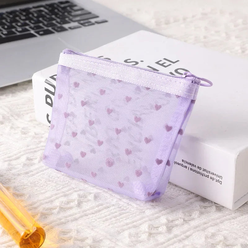 Heart-Shaped Nylon Mesh Cosmetic Bag Portable Toiletry Organizer for Women Makeup Storage
