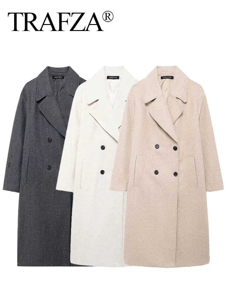 TRAFZA 2024 Otoño Nuevo Abrigo Suelto para Mujer Chaqueta de Manga Larga con Solapa y Doble Botonadura Abrigo de Invierno Grueso Vintage Sólido Gabardina Prendas de Vestir Exteriores