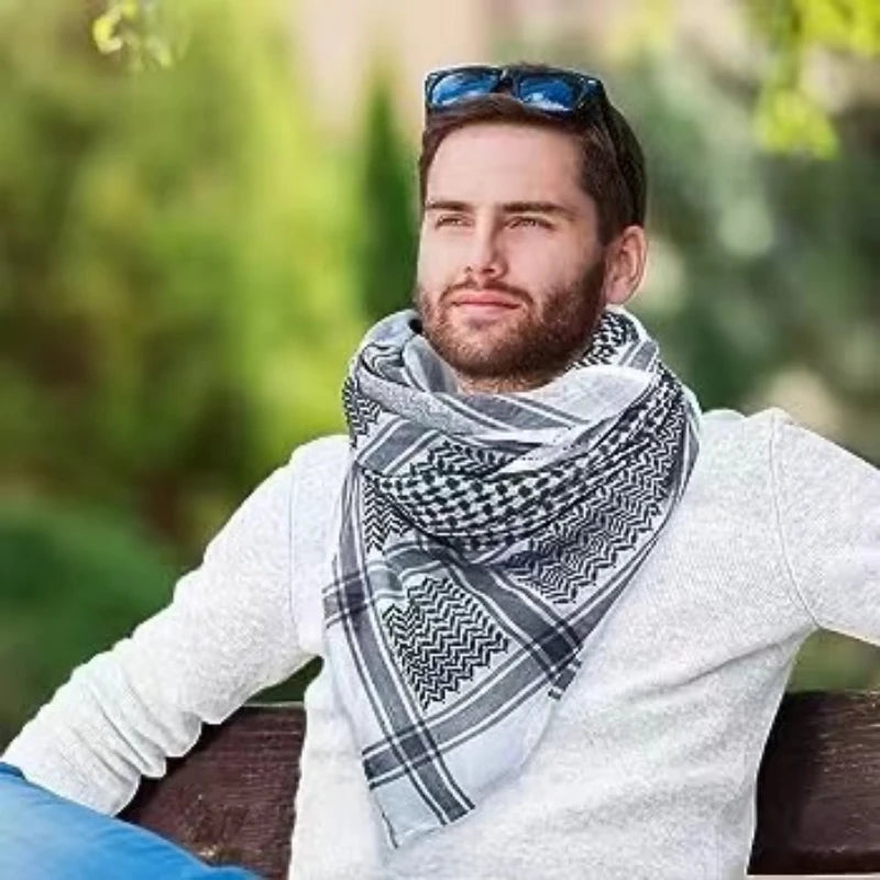 Bufanda clásica palestina con estampado cuadrado de keffiyeh en blanco y negro para hombre, pañuelo para la cabeza estilo shemagh, pañuelo islámico árabe para el cuello y la cabeza.