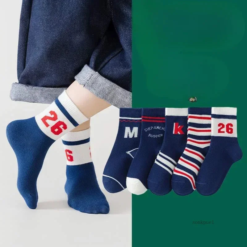 5 Pairs Kids Boys Socks Tennis Series Children Sport School Students Socks Spring Autumn Soft Cotton Toddler Mid Tube Sock