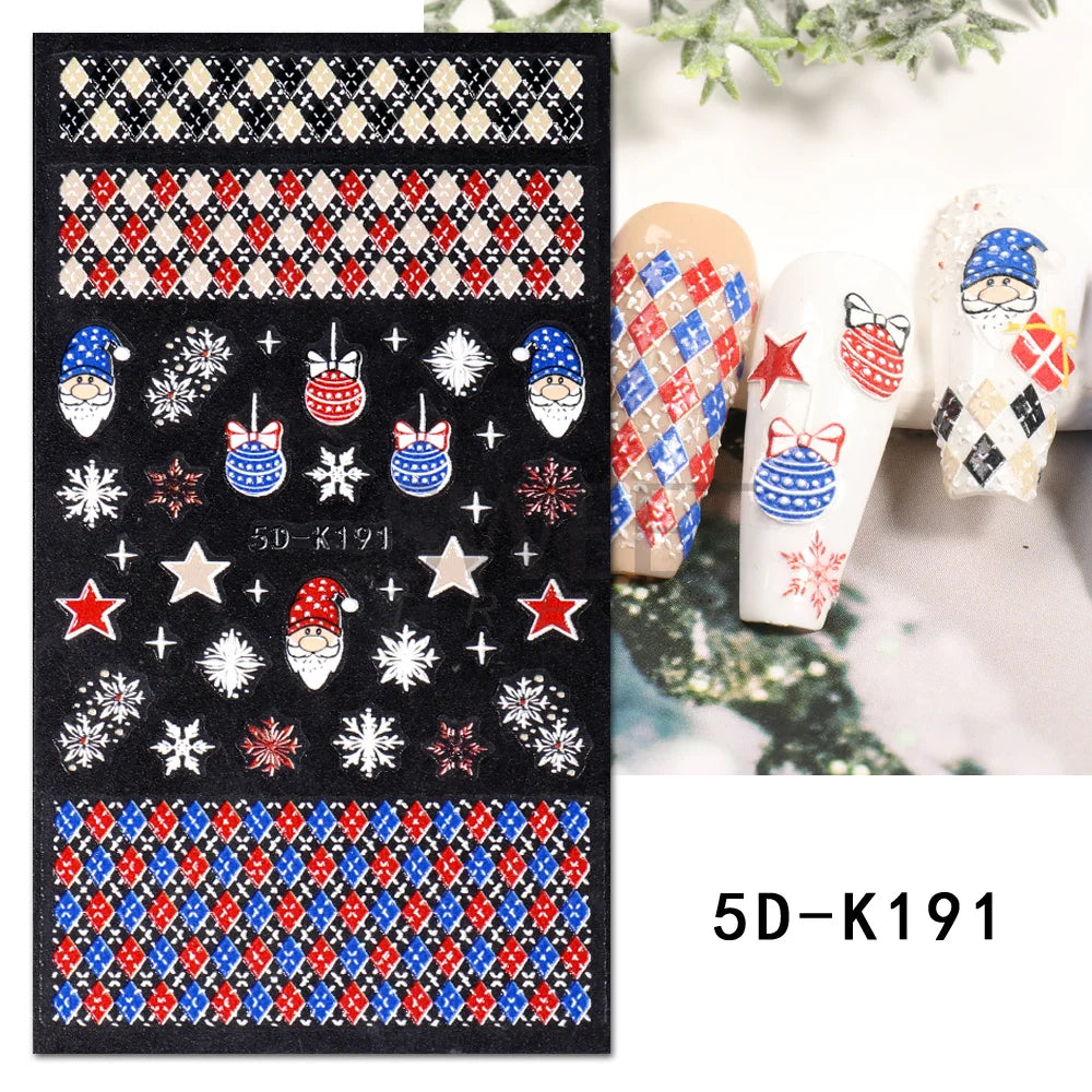 5D Red Christmas Nail Stickers Glitter Embossed Snowflake Gloves Feather Bulb Bells Winter Xmas DIY Engraved Manicure Decoration