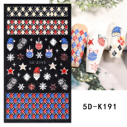 5D Red Christmas Nail Stickers Glitter Embossed Snowflake Gloves Feather Bulb Bells Winter Xmas DIY Engraved Manicure Decoration