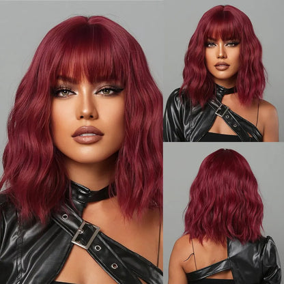 Women Grey Wavy Bob Wigs with Bangs Short Blonde Ombre Synthetic Wig With with Dark Roots Natural Hair for Daily Use