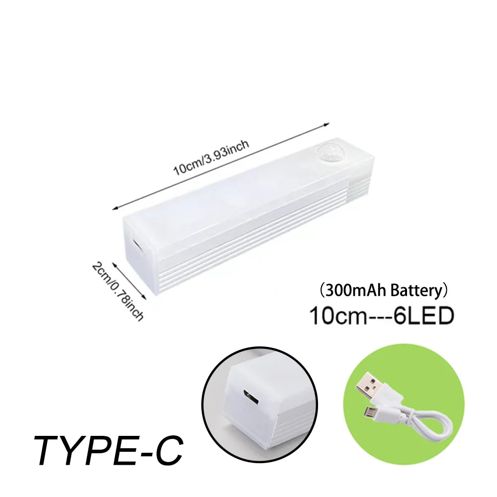 Luz LED Noturna Sem Fio com Sensor de Movimento e Recarregamento Tipo C – Iluminação para Armários, Guarda-roupas, Escadas e Cozinha