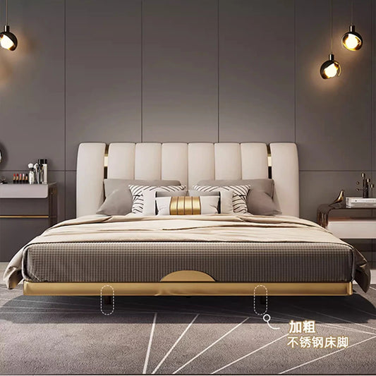MINGDIBAO Modern Genuine Leather Floating Bed With Sensor Light, Double Rectangle Bed Frame With Stainless Steel, Nordic Camas