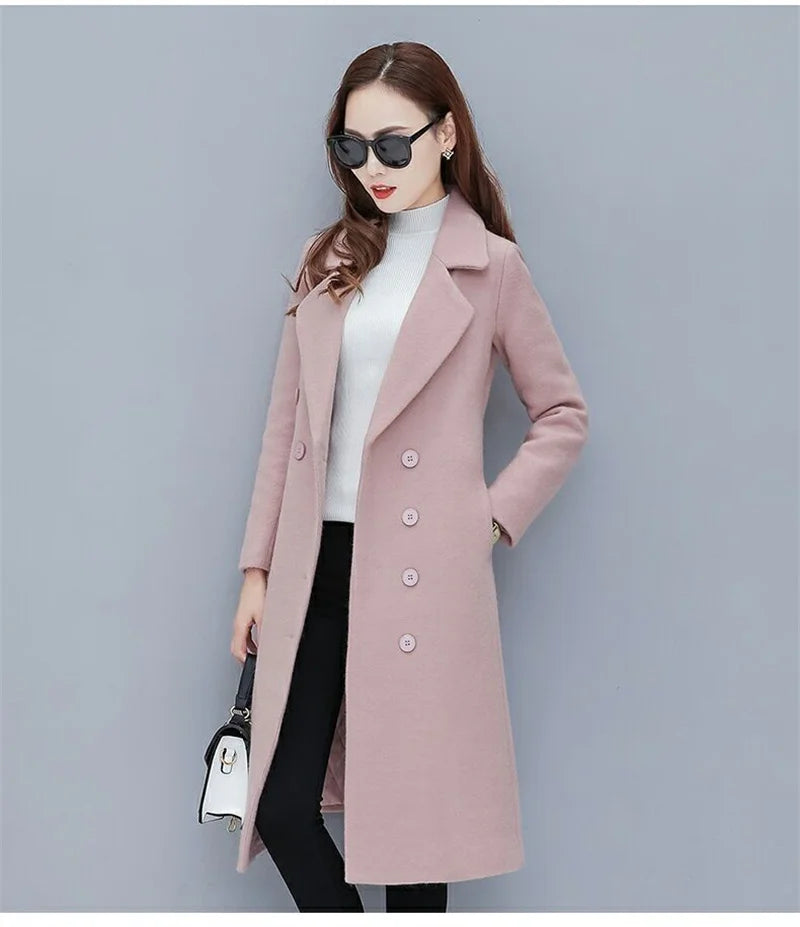 Female Woolen Coat Velvet 2023 Women's Double-Breasted Woolen Coat Spring and Autumn Woolen Coat Fashion Suit Collar ThickTrench