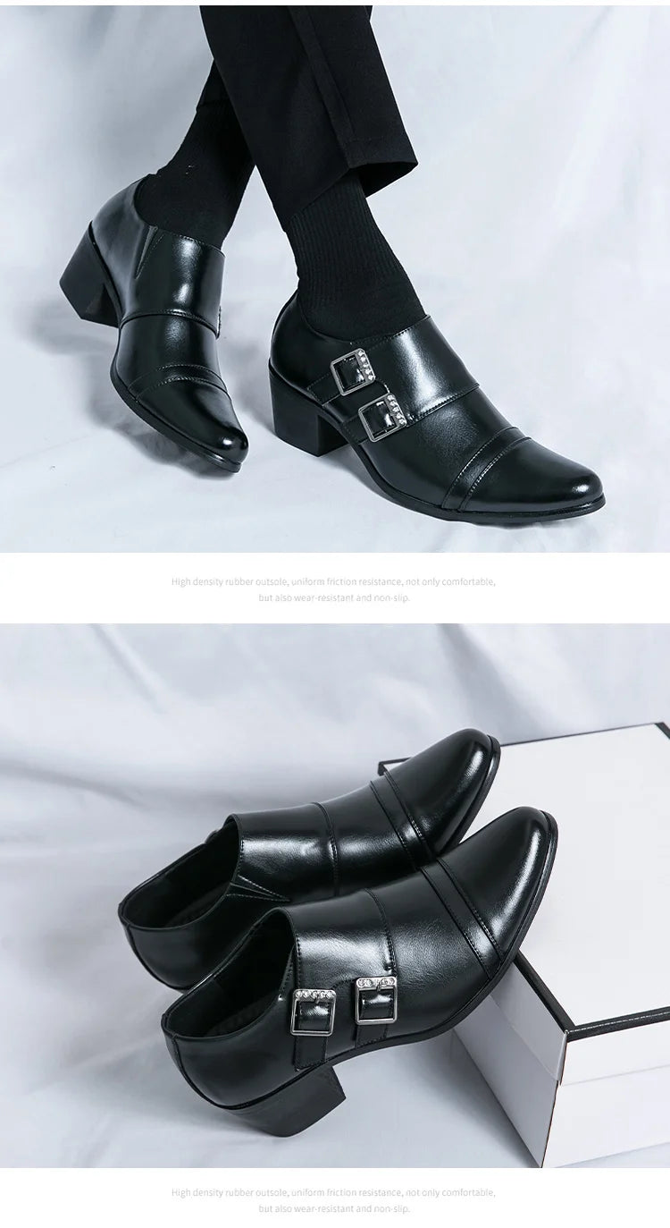 Fashion Buckle Leather Shoes For Men Big Size 46 Pointed Dress Shoes Man Quality Bussiness High Heels Shoes Man chaussure hommes