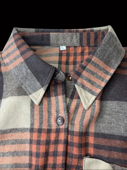 Blusa informal de manga larga holgada con cuello vuelto retro para mujer, camisa a cuadros de talla grande para primavera y verano, de largo medio