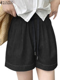 2024 Summer Denim Blue Shorts ZANZEA Women Trousers Elastic Waist Vinatge Pleated Shorts Fashion Wide Leg Pants Casual Shorts