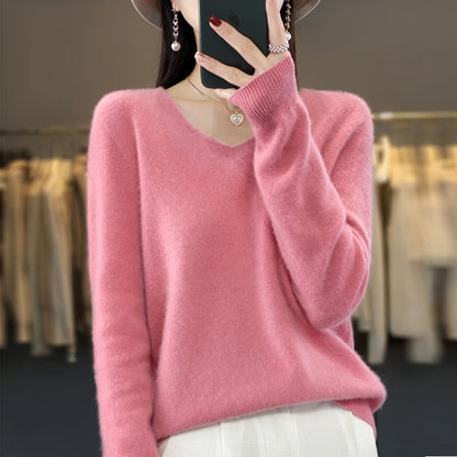 Suéter básico de otoño-invierno 2024 para mujer, 100 % lana merino, cuello en V, tejido de punto liso, jersey de oficina para mujer, manga larga, cachemir.