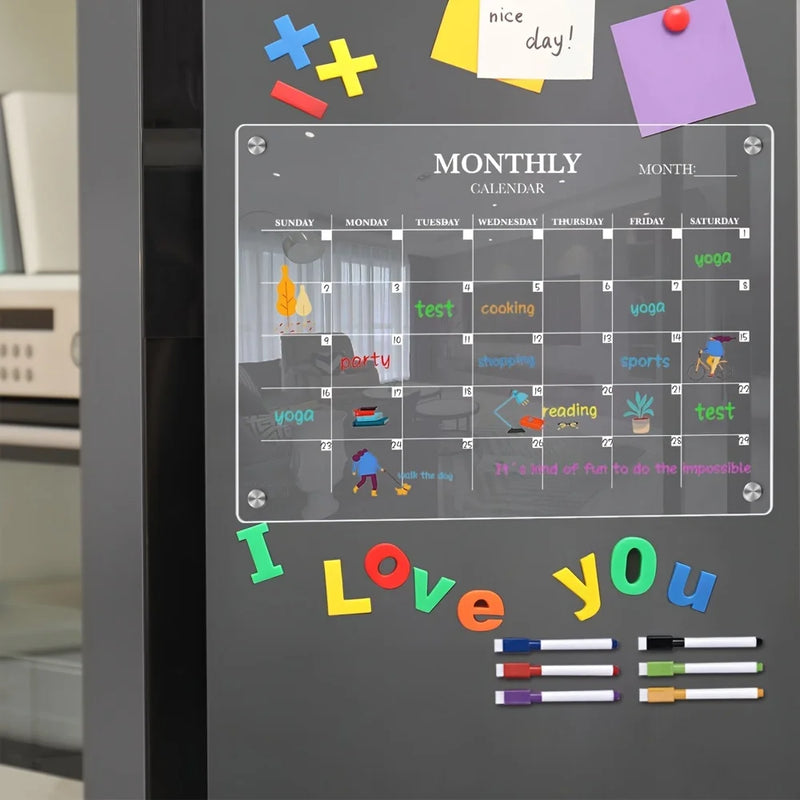 Magnetic Acrylic Dry-Erase Calendar-Clear Planner for Fridge, Ideal Kitchen Organizer for Home & Office with Marker Pen Included