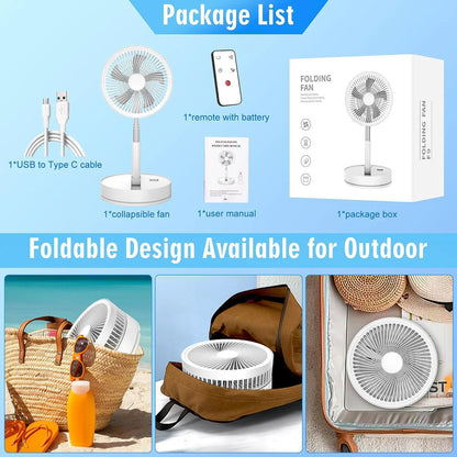 Wireless Folding Desk Fan Telescopic Outdoor Travel Camping Floor Low Noise Fan With 7200 mAh USB Rechargeable Fan  Standing Fan