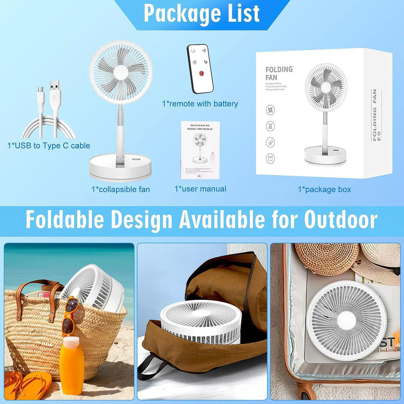 Wireless Folding Desk Fan Telescopic Outdoor Travel Camping Floor Low Noise Fan With 7200 mAh USB Rechargeable Fan  Standing Fan